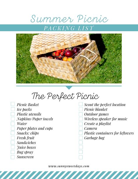 Perfect Picnic Printable Checklist for Summer! Birthday Party List, Picnic Packing List, Picnic Checklist, Picnic Food List, Romantic Picnic Food, Perfect Picnic Basket, Ideas Name, Easy Picnic Food, Picnic Date Food