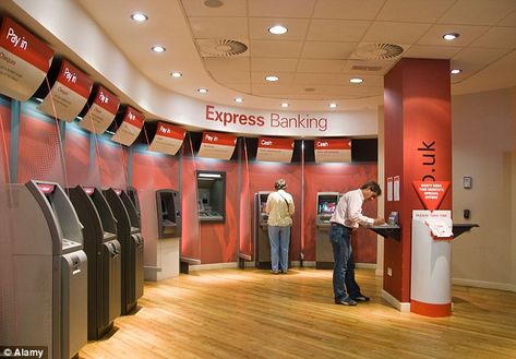 People using the automated self service machines that have been installed inside a branch ... Bank Interior Design, Banks Design, Bank Interior, Banks Office, Atm Machine, Romantic Poetry Quotes, Bank Branch, Bank Design, Retail Banking