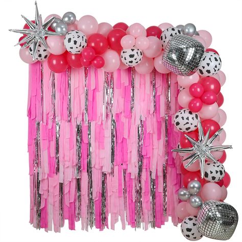 PRICES MAY VARY. Western Cowgirl Birthday Party Decorations -- You would get 2pcs 22" disco ball balloons, 2pcs 22" silver star foil balloons, 6pcs crepe paper streamers, 1pcs 1x2m silver curtain, 60pcs 10" latex balloons, 10pcs 12" cow print latex balloons, 30pcs 5" latex balloons, 1 roll 16ft balloon arch strip, 1 roll glue. Make Your Own Party Backdrop -- We handed the sufficient quantity party decorations for you, no craft experience needed, you can freely to create your own disco cowgirl pa Rhinestone Cowgirl Birthday Party, Rhinestone Cowgirl Birthday, Cowgirl Balloon Arch, Cowgirl Disco Party, Space Cowgirl Bachelorette Party, Cowgirl Crafts, Cowgirl Birthday Party Decorations, Disco Rodeo, Bachelorette Cowgirl