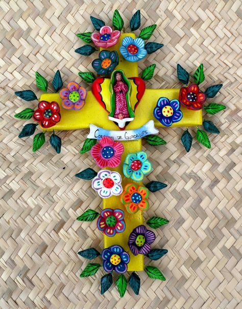 Cross Guadalupe Tree of Life Clay by Ortega Mexican Folk Art Cerámica Fantástica Mexican Clay Art, Mexican Catholic Art, Mexican Tin Art, Mexican Cross, Mexican Folk Art Decor, Latin American Folk Art, Ortega Family, Latin Art, The Virgin Of Guadalupe