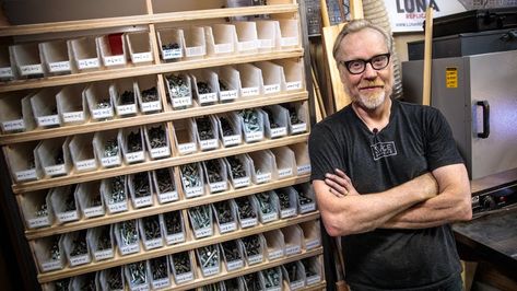 Adam Savage’s One Day Builds: Workshop Hardware Storage Work Glove Storage, Adam Savage Workshop, Parts Storage Ideas, Screw Storage Ideas, Hardware Storage Ideas, Woodshop Storage, Hardware Organization, Bolt Storage, Workshop Organization Ideas