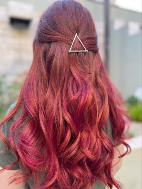 A girl with copper red hair and hot pink highlights. There are curls in her hair and is pulled back in a half updo with a triangle hairpin. Red Hair With Peekaboo, Peekaboo Red Hair, Highlights Pink Hair, Red Hair With Pink Highlights, Pink Peekaboo Hair, Strawberry Red Hair, Pink Hair Highlights, Highlights Pink, Peekaboo Hair Colors