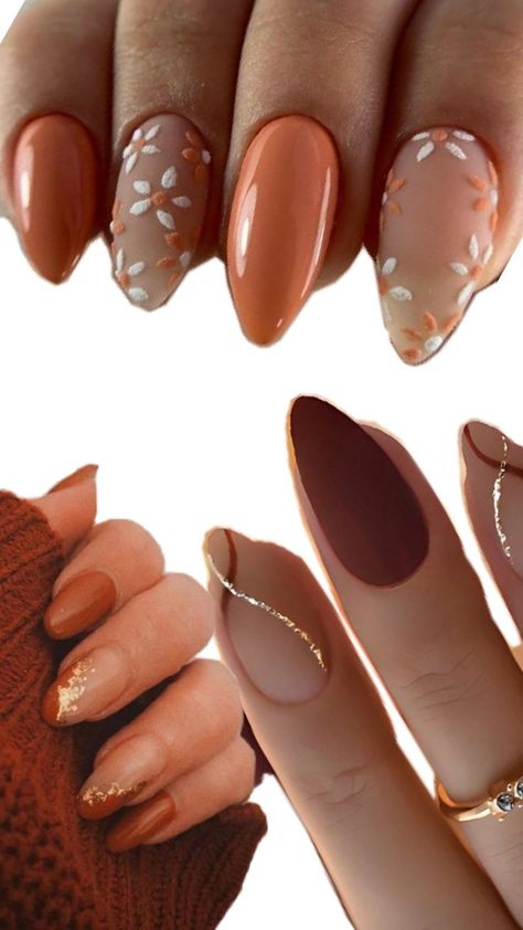 Brown and gold and flower in autumn style Fall Nails With Diamonds, Simple Nail Designs Autumn, Short Square Autumn Nails, Oval Nails Designs For Fall, Fall Nails With Flowers, Brown Nails With Flowers, Autumn Flower Nails, Acorn Nails, Mystical Nails