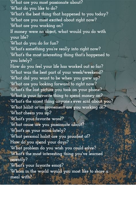 27 Question to Ask Instead of "What Do You Do?" https://open.buffer.com/27-question-to-ask-instead-of-what-do-you-do/ Questions To Ask People, Morning Circle, Q And A Questions, Questions To Get To Know Someone, Ice Breaker Questions, Dare Questions, Question To Ask, Conversation Topics, Question Game