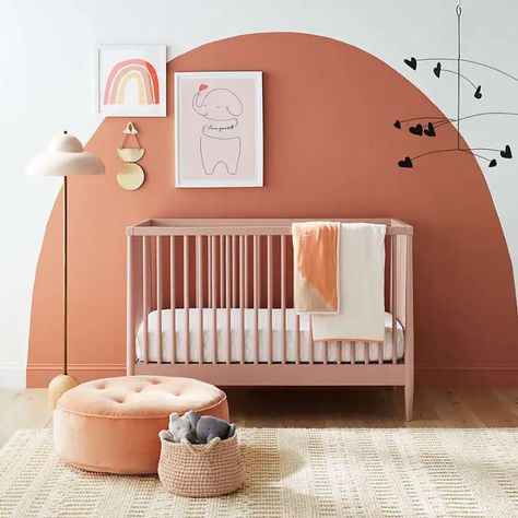 Painted arches: a cool way to bring a space in life My desired home Colored Crib Nursery, Two Color Nursery Walls, Pink Baby Crib, Baby Nursery Wall Ideas, Baby Room Illustration, Pink Crib Nursery, Danish Nursery Design, Sharing Room With Kids And Parents, Peachy Nursery