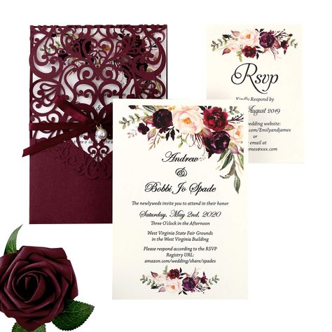 Ribbon Belly Band, Wedding Invitations With Rsvp, Blank Wedding Invitations, Burgundy Invitations, Cards For Wedding, Burgundy Wedding Invitations, Wedding Invitation Kits, Laser Cut Invitation, Lace Wedding Invitations