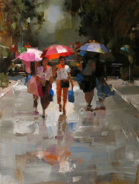 Quang Ho, Impressionist Paintings Acrylic, Qiang Huang, Impressionist Paintings Landscape, Daily Painters, City Painting, Walking In The Rain, Painting People, Great Paintings