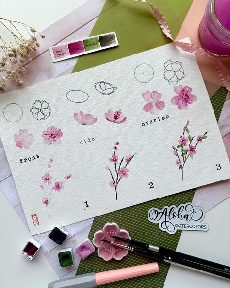 Japanese Cherry Blossom Painting Easy, Flower Collage Painting, Cherry Blossom Watercolor Tutorial, Painted Cherry Blossoms, Painting Ideas Cherry Blossom, Easy Cherry Blossom Painting, How To Paint Cherry Blossoms, Japanese Painting Ideas, Cherry Blossom Pottery