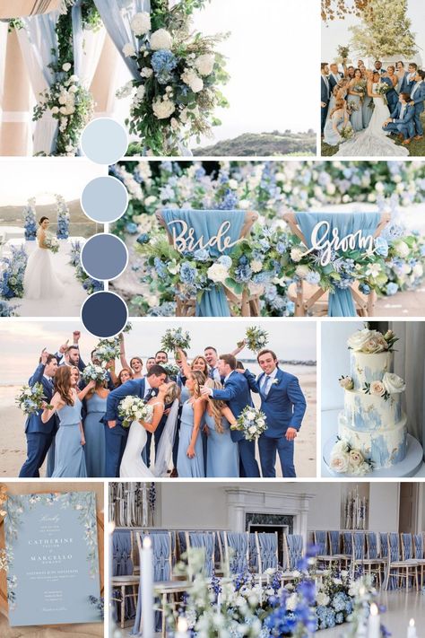 Discover how to turn your dreamy dusty blue and light blue wedding color palette into a reality without breaking the bank. Explore our curated selection of elegant yet affordable essentials that will make your special day shine as bright as your love! Two Tone Blue Wedding, Blue Ombre Wedding Theme, Sky Blue And Champagne Wedding, Sage Green And Powder Blue Wedding, Spring Wedding Blue Colors, Pastels Wedding Colors, Classic Blue Wedding Theme, Dusty Blue Bridal Party Groomsmen, Dusty Blue And Royal Blue Wedding