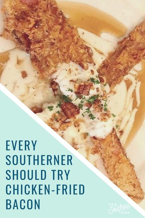 Chicken Fried Bacon Recipe, Chicken Fried Bacon, Sawmill Gravy, Fried Bacon, Bacon Appetizers, Fried Steak, Chicken Fried Steak, Southern Food, Steak Fries