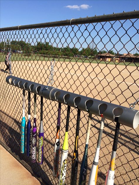 Bat holder Diy Dugout, Dugout Organization, Softball Dugout, Baseball Bat Holder, Baseball Bat Rack, Fast Pitch Softball, Baseball Dugout, Backyard Baseball, Softball Drills