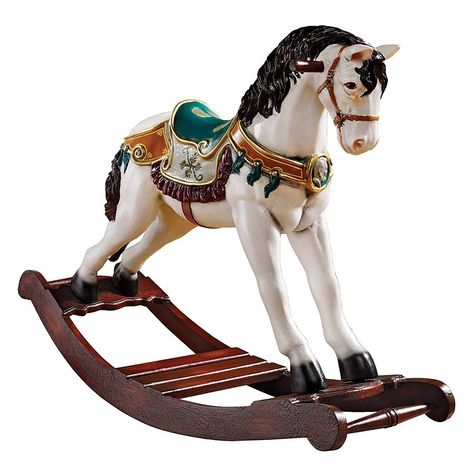 "Purchase the Design Toscano 3ft. Victorian Carousel Pony Rocking Horse Statue at Michaels. com. From the hands of a master carver, this straight-from-a-Dickens'-novel, display-sized version horse is carefully cast in quality, fiberglass-reinforced resin and hand-painted and gently distressed in ornately festive hues for window displays, outdoor scenes or nestled near your Christmas tree. This over yard-long Victorian fantasy carousel rocking horse is so ready for Christmas that it doesn't even Magical Decor, Stallion Horses, Horse Statue, Wooden Bow, Fall Decoration, Horse Decor, Ready For Christmas, Carousel Horses, Horse Sculpture