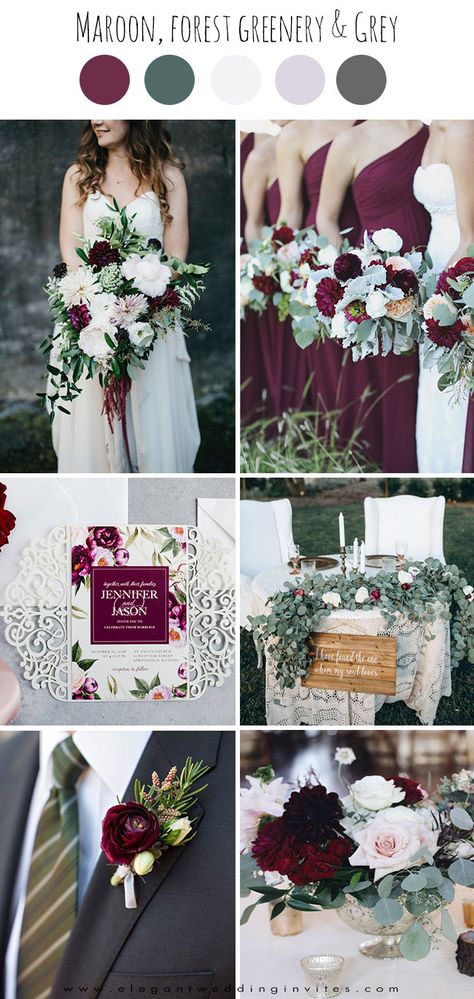 Fall Wedding Colors Maroon, Dark Green Maroon Wedding, Maroon Summer Wedding, Sage Green And Burgundy Wedding Bouquet, Dark Red Wedding Colors, Wedding Color Schemes Late Summer, Pomegranate Wedding Color, Sage And Red Wedding, Emerald And Maroon Wedding