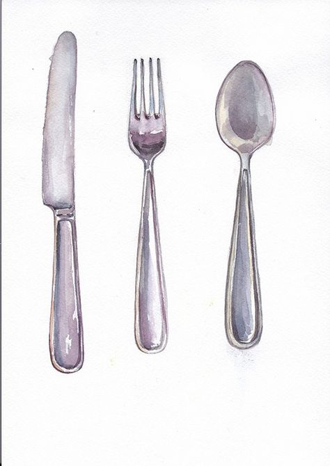 Fork, spoon and knife  in watercolor by ramika on @creativemarket Fork Drawing, Spoon Drawing, Pencil Tattoo, Fork Art, Knife Drawing, Fork And Knife, Large Temporary Tattoos, Food Sketch, Watercolor Food