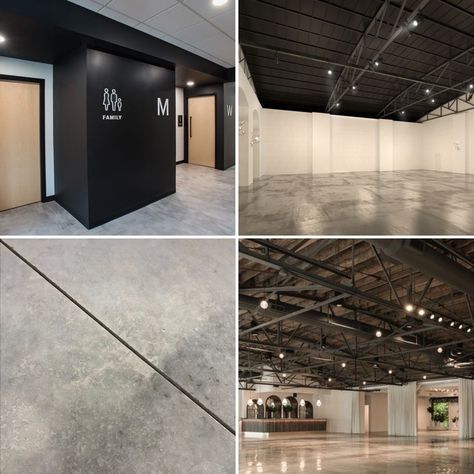 Black And White Event Space, Modern Event Hall Interior Design, Commercial Event Space Design, Warehouse Venue Spaces, Event Venues Design, Small Event Center Design, Event Space Business Plan, Small Event Venue Spaces, Warehouse Salon Design