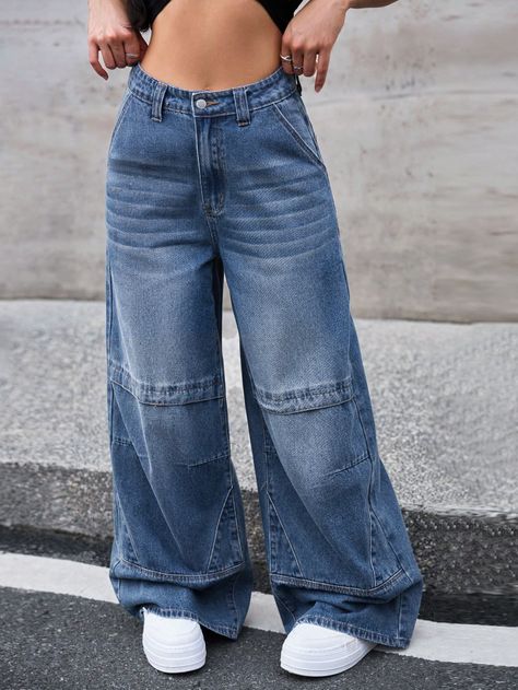 Women's Casual Loose Wide Leg Baggy Jeans, Blue Blue Casual   Denim Plain Wide Leg Non-Stretch  Women Clothing, size features are:Bust: ,Length: ,Sleeve Length: Wide Leg Baggy Jeans, Casual Denim Jeans, Jeans Casual, Black Party, Casual Streetwear, Baggy Jeans, Sleeves (women), Casual Denim, Kids Beachwear