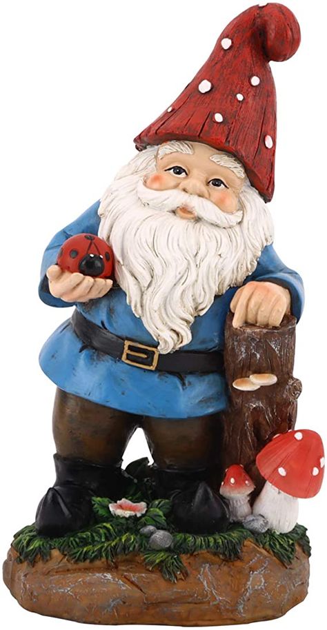 Ladybug On Hand, Gnome Inspiration, Garden Nomes, Gnome Garden Ideas, Gnomes Garden, Funny Garden Gnomes, Lawn Gnome, Garden Gnomes Statue, Garden Figurines