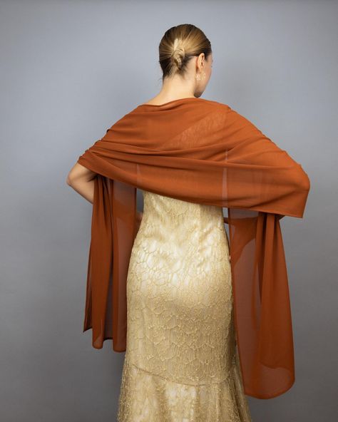 Luxury Shawl, Copper Dress, Orange Accessories, Evening Wrap, Evening Wraps, Faux Fur Wrap, Orange Chiffon, Brown Copper, Chiffon Shawl