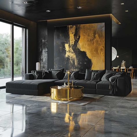 21+ Bold Black Living Room Ideas for a Dramatic Makeover • 333+ Images • [ArtFacade] Modern Black And Gold Interior Design, Black Rooms Ideas, Black Interior Living Room, Luxury Contemporary Living Room, Room Tattoos, Black And Gold Interior, Black Living Room Ideas, Black Sofa Living Room, Black And Gold Living Room