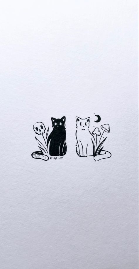 Cute Matching Cat Tattoos, Double Cat Tattoo, Matching Kitty Tattoos, Crisp Ink Drawing, Cat Tattoo Matching, Cat Matching Tattoos, Crisp Ink Tattoo, Rhiannon Tattoo, Matching Cat Tattoos