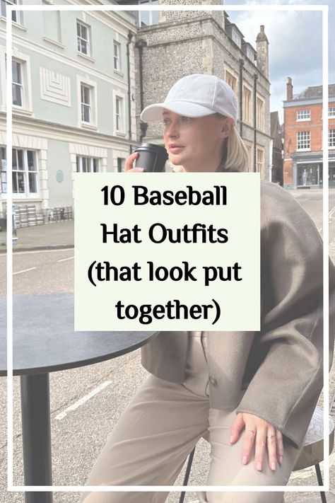 Tan Hat Outfit Winter, Comfy Hat Outfits, Casual Ball Cap Outfit, Winter Outfit Baseball Cap, Womens Outfits With Baseball Cap, Sporty Hat Outfits, Tan Baseball Cap Outfit Women, Baseball Hat Outfit Aesthetic, Chic Baseball Cap Outfit