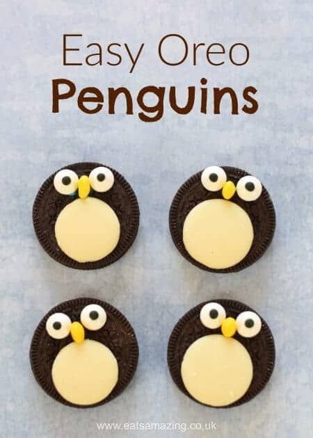 Quick and easy oreo penguins recipe - a fun snack treat or dessert topper for winter puddings - fun food for kids from Eats Amazing UK Winter Treats For Kids School, Easy Winter Snacks For Kids, Penguin Snacks For Preschool, Penguin Treats For Kids, Winter Baking For Kids, Penguin Snacks For Kids, Winter Food Crafts For Kids, Winter Treats For Kids, Penguin Biscuits