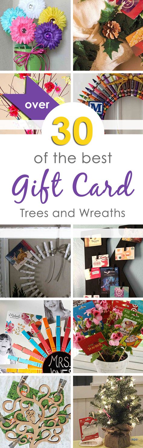 Over 30 of the best gift card trees and gift card wreaths I could find. Great for a group gift or to simply give multiple gift cards to the same person. Think Teacher Appreciation, Baby Shower, Bridal Shower, Wedding, Holidays and more.   These ideas are also great for giving mom more than one gift card on Mother's Day, dad gets several on Father's Day, etc. Gift Card Tree, Gift Card Basket, Gift Card Displays, Gift Card Bouquet, Gift Card Presentation, Teacher Gift Card, Cars Ideas, Holiday Gift Card, Best Gift Cards