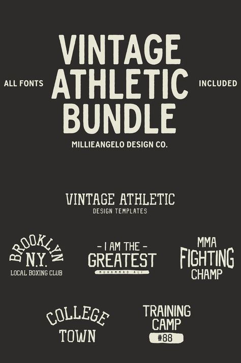 Vintage Athletic Bundle + Fonts, Templates Sporty Typography Design, Vintage Athletic Logo, Vintage Sports Logo, Athletic Logo Design, Athletic Fonts, Activewear Logo, Top Fonts, Fun Fonts, Sports Fonts