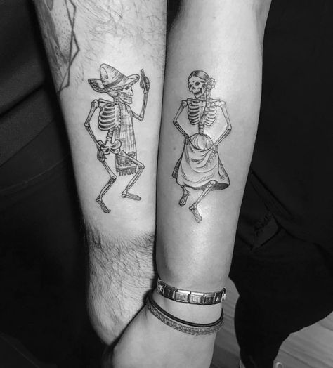 Skeleton Couple Tattoo, Skeleton Ballerina, London January, Mexican Tattoo, Catrina Tattoo, Skeleton Tattoo, Matching Best Friend Tattoos, Skeleton Couple, Ghost Tattoo