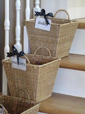 The Cottage Market: Decorating with Baskets Organizing With Baskets, Decorate With Baskets, Stair Basket, Decoration Shabby, Clutter Free Home, Dog Gate, Basket Organization, Organizing Your Home, Cleaning Organizing