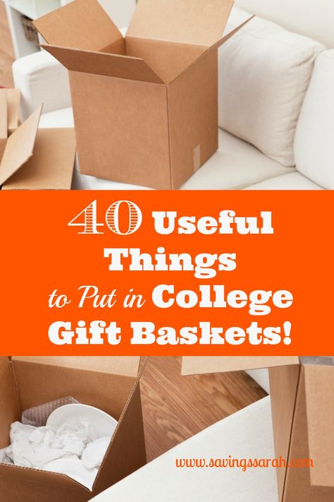 Want to be a hero to a student heading off to college or returning for a new year? Fill a gift basket from among these 40 useful and not expensive items and watch a college student's eyes light up when you give it to him or her. College Basket, Gifts For Old People, College Gift Baskets, College Student Style, Graduation Gift Basket, Girl Gift Baskets, Boyfriend Gift Basket, College Survival, Useful Things