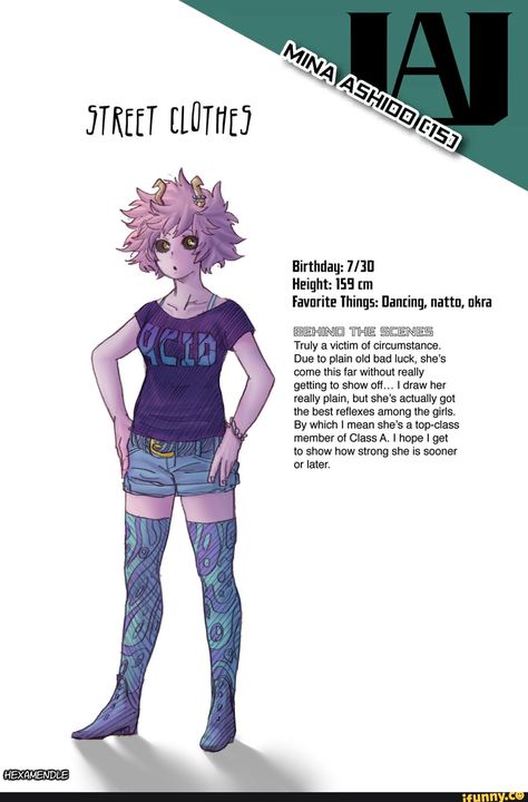 Fae Characters, Ashido Mina, Bnha Manga, Mha Art, Character Bio, Manga Spoilers, Mina Ashido, Alien Queen, Street Clothes