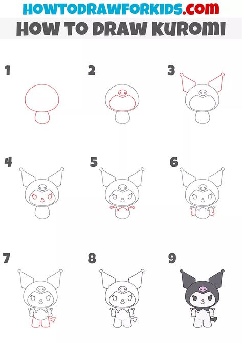 How to Draw Kuromi - Easy Drawing Tutorial For Kids Kuromi Drawing Easy Step By Step, Kuromi Simple Drawing, Kuromi Drawing Tutorial, How To Draw Hello Kitty Characters Step By Step, Kuromi Drawing Sketch, Kuromi How To Draw, How To Draw Kuromi Sanrio Step By Step, Kuromi Drawing Step By Step, Cute Pokemon Drawings Easy