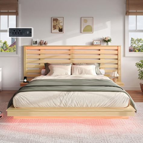 Styling A Bed Without A Headboard, Bed Frame Ideas With Storage, Bed With Built In Nightstands, Queen Floating Bed Frame, Queen Floating Bed, Natural Wooden Bed, Extended Headboard, Low Bed Frame, Led Bed