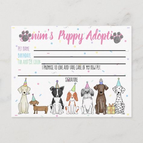 Stuffed Toy Puppy Adoption Card for Party Favor | Zazzle.com Puppy Adoption Birthday Party, Pet Adoption Birthday Party, Hello Greeting, Puppy Birthday Parties, Adoption Party, Puppy Birthday, Dog Birthday Party, Puppy Paws, Dog Party