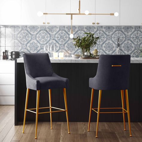 Sit pretty and sit tight at the same time, in this sumptuous velvet-upholstered barstool. Grey Bar, Velvet Stool, Tov Furniture, Dining Stools, Stainless Steel Legs, Velvet Chair, Counter Height Stools, High Fashion Home, Upholstered Seating