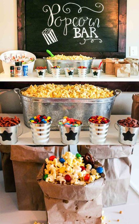 The Ultimate Popcorn Bar by lifestyle blogger Jessica of Happily Hughes Popcorn Bar Party, Movie Night Popcorn, Bar A Bonbon, Backyard Movie Nights, Backyard Movie, Movie Night Party, Popcorn Bar, Movie Birthday, 13th Birthday Parties