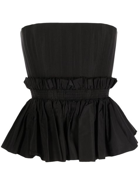 black silk ruffled detailing pleat detailing strapless peplum hem rear zip fastening Alex Perry, Clothing Details, Top Cropped, Peplum Hem, White Fashion, Black Silk, Outfits Casuales, Fashion Tops, Classy Outfits