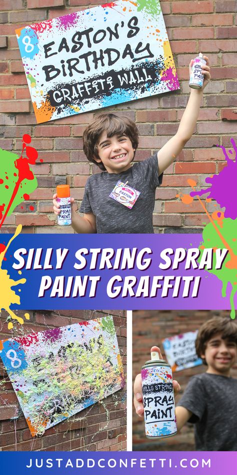 art party game idea — silly string graffiti art Paint Party Activities, Silly String Games, Backyard Art Studio, Art Party Birthday, Kids Art Party, 2025 Art, Spray Paint Graffiti, Art Party Decorations, Painting Party Ideas