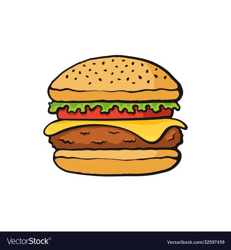 Vegetables Image, Hamburger Drawing, Fast Buns, Burger Drawing, Burger Cartoon, Banner Sticker, Meat Food, Burger Places, Cheese Tomato