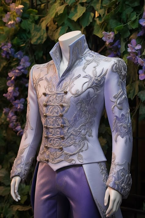 Wisteria inspired suit Light Blue Fantasy Outfit Male, Fairy Wedding Suit, Formal Fantasy Outfits Male, Dbd Outfits, Fantasy Formal Wear Male, Mens Fantasy Fashion, Fantasy Suits Male, Cordelia Outfits, Fantasy Suit