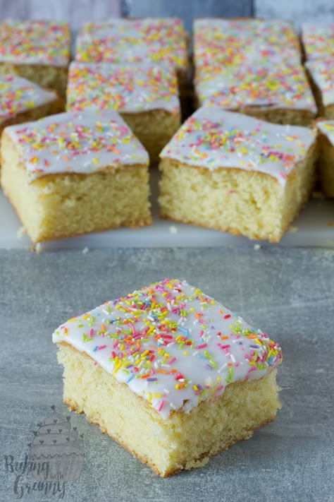 School Cake - Baking with Granny Victoria Sponge Recipe, Rock Buns, School Dinners, School Cake, Lemon Drizzle Cake, Scottish Recipes, Drizzle Cake, School Cafeteria, Big Cakes