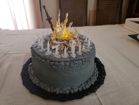 Birthday cake based on video game Dark Souls, depicting the bonfire Dark Souls Cake, Dark Souls Bonfire, Bonfire Cake, Bonfire Birthday, Jolly Ranchers Candy, Pocky Sticks, Soul Cake, Holiday Cake, Tootsie Roll