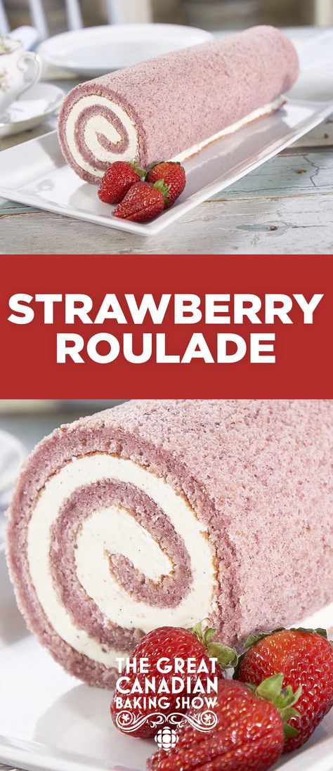 Recipe: Strawberry Roulade | This pretty pink take on a classic dessert was the technical bake for Cake Week. The Great Canadian Baking Show season 3 episode 1, how to make a roll cake, homemade cake recipes Strawberry Roulade Recipe, The Great Canadian Baking Show, Great Canadian Baking Show Recipes, Strawberry Cake Roll Recipe, Fancy Baking Recipes, Roulade Recipe Desserts, Strawberry Roulade, Canadian Baking, Strawberry Cake Roll