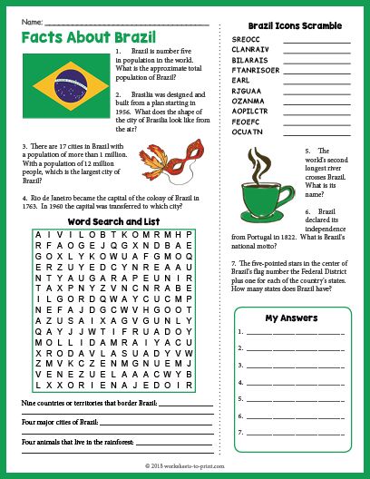 Students will investigate facts about Brazil geography with this engaging printable worksheet, which includes a word search and a word scramble as well. Brazil Activities, Facts About Brazil, Brazil Geography, Brazil Facts, Independence Day Activities, Us Geography, Geography Worksheets, Country Studies, World Thinking Day