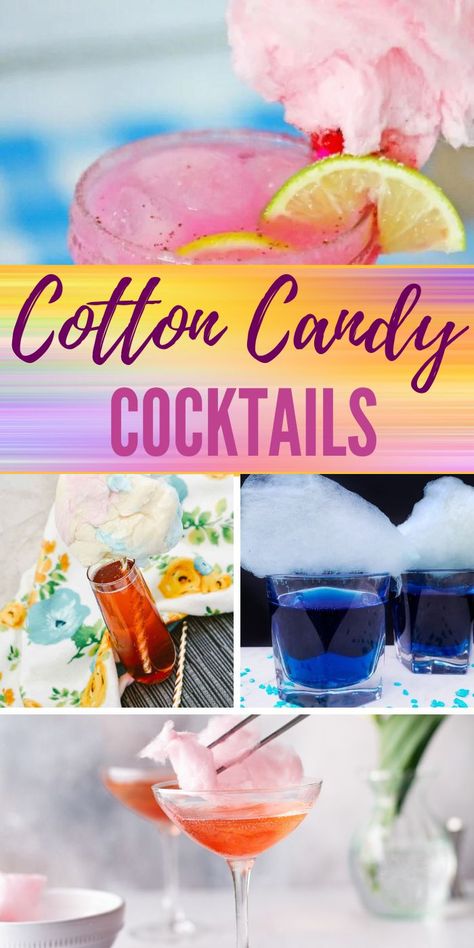 Cotton Candy Cocktail Vodka, Cotton Candy Mixed Drink, Cotton Candy Martini Recipe, Drinks With Cotton Candy On Top, Circus Themed Alcoholic Drinks, Candy Inspired Cocktails, Cotton Candy Vodka Drinks, Cotton Candy Cocktail Recipe, Cotton Candy Alcoholic Drink