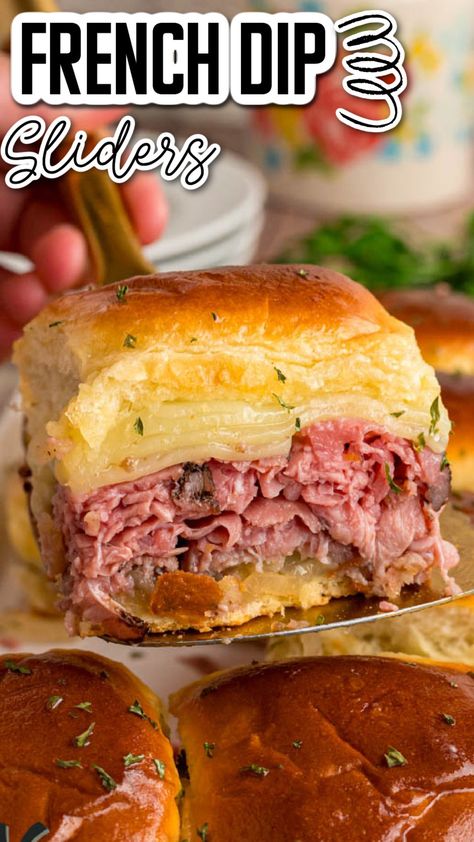 These easy-to-make sliders are packed with tender roast beef, gooey provolone, and sweet caramelized onions, all baked to perfection. Serve with a savory au jus for dipping and enjoy a deliciously satisfying meal or appetizer! Perfect for game day or any gathering. Sliders Hawaiian Rolls, Roast Beef Sliders Recipes, Roast Beef Au Jus, Best Roast Beef Recipe, French Dip Sliders, Tender Roast Beef, Roast Beef Sliders, Slider Rolls, Beef Dip