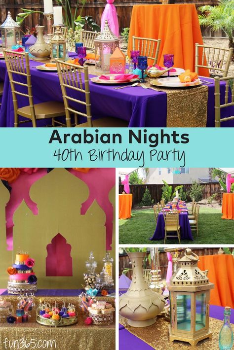 Celebrate your 40th birthday in style with this Arabian Nights Party. The bright colors and delicious desserts will make this party picture perfect. Arabian Nights Theme Party Birthday, Arabian Nights Moodboard, Arabian Nights Food, Persian Party Decorations, Arabian Nights Decorations, Arabian Nights Birthday Party, Arabian Theme Party Outfits, Arabic Theme Party Outfit, Arabian Nights Prom Theme