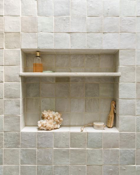 Bathroom • Instagram Zellige Tile Bathroom White, Zia Tile Casablanca White, Shower With Zellige Tile, Zia Tile Pure White Zellige, Zellige Tile Shower Niche, Shower Niche With Shelf, Natural White Zellige Tile Kitchen, Zia Tile Bathroom, Cle Tile Bathroom