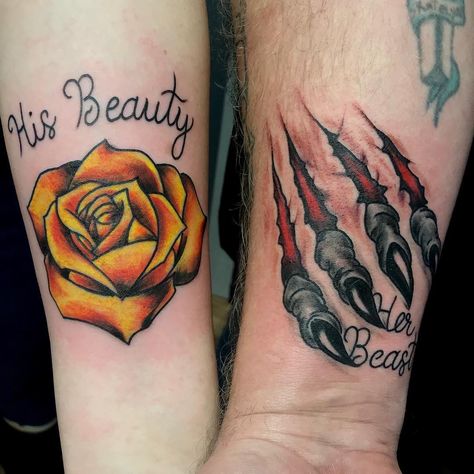 Couples Hand Tattoos, Disney Couple Tattoos, Couple Wrist Tattoos, Girlfriend Tattoos, Married Couple Tattoos, Marriage Tattoos, Him And Her Tattoos, Beauty And The Beast Tattoo, Wife Tattoo